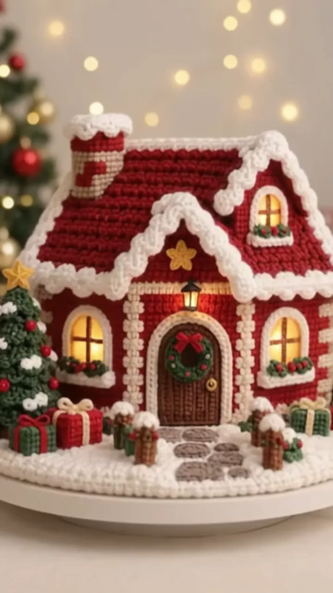 Casinha de Natal em crochê vista de frente, com telhado nevado e presentes
