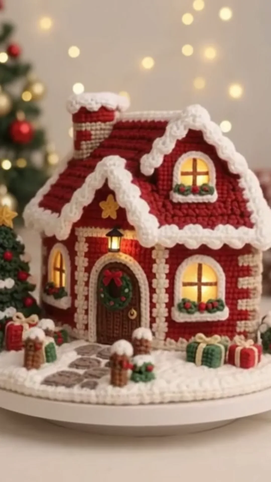 Casinha de Natal em crochê vista de frente e pela lateral