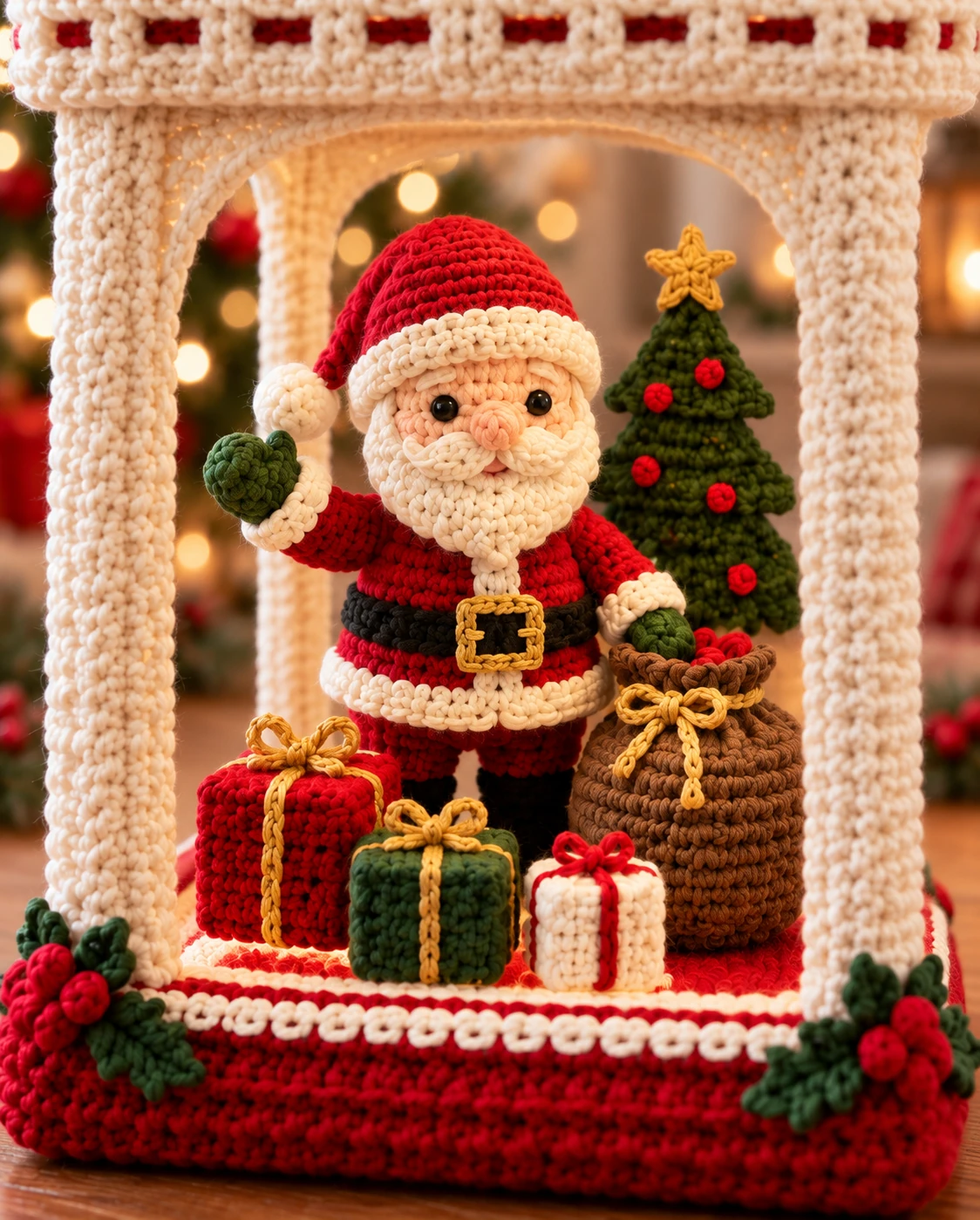Detalhe do Papai Noel, árvore e presentes dentro da lanterna
